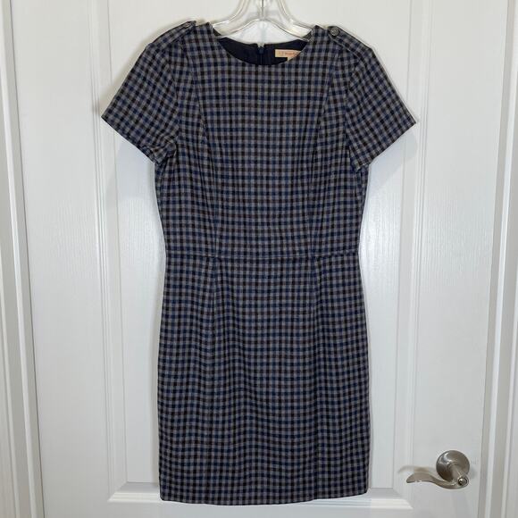 Brooks Brothers Wool Check Print Tailored Dress Gray Blue Short Sleeve 4 - Picture 1 of 5